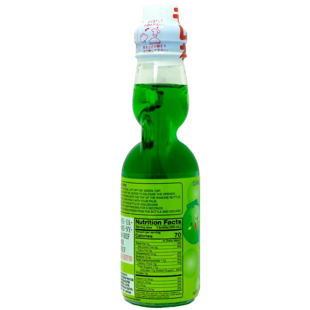 A sealed green Ramune bottle with a label, nutritional facts, and instructions in English and Japanese.