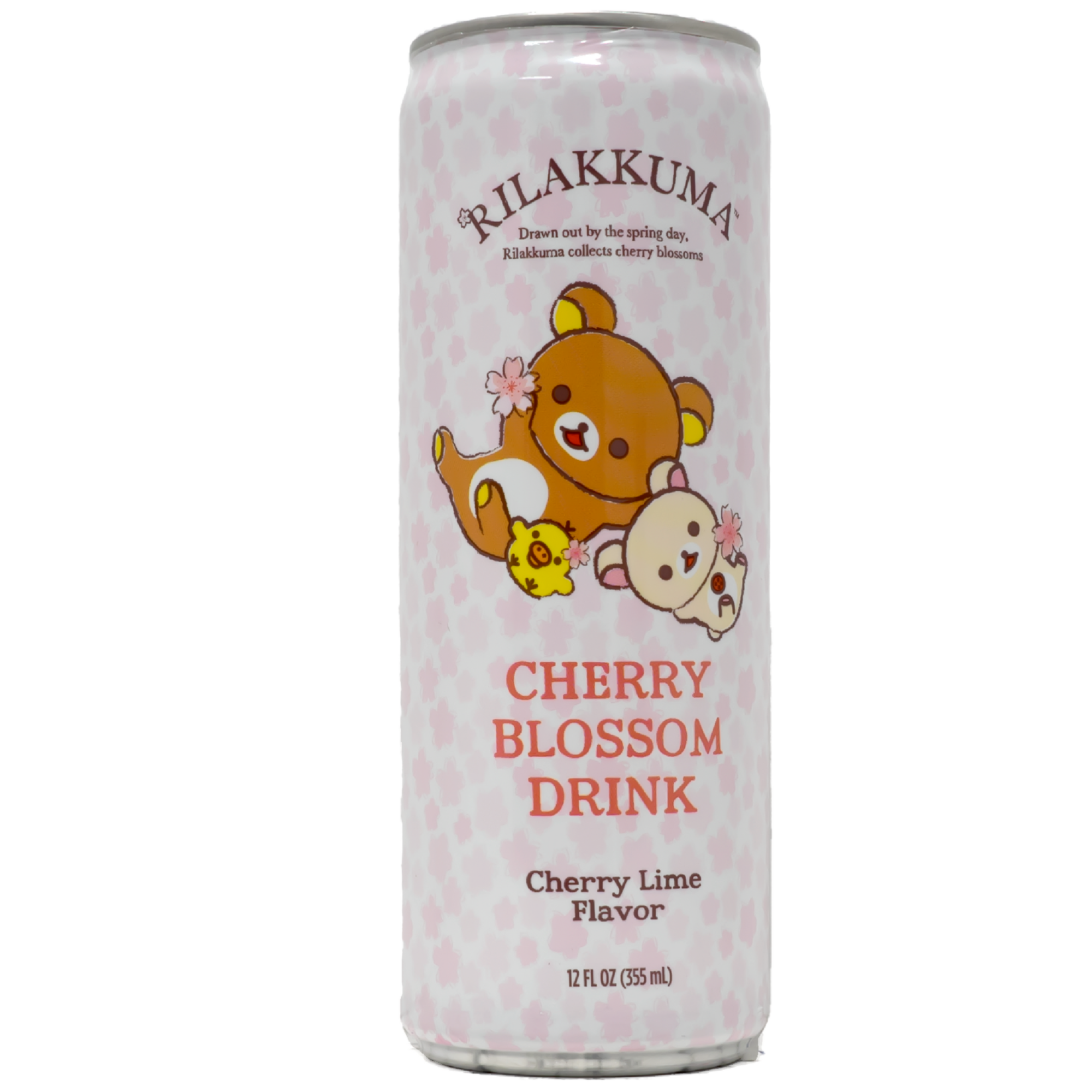 The can features an adorable image of Rilakkuma and friends enjoying cherry blossoms, adding a touch of charm and cuteness. The soft pink background with cherry blossom patterns enhances the overall playful and inviting look of the drink.