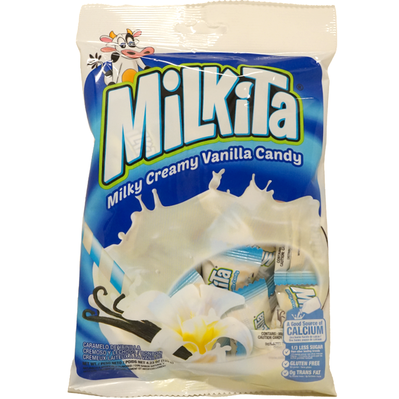 Front of package. The package features a playful cow character against a backdrop of splashing milk and blooming vanilla flowers, emphasizing the creamy, vanilla goodness inside. Whether you’re looking for a sweet snack or a delightful gift, these candies are sure to please.