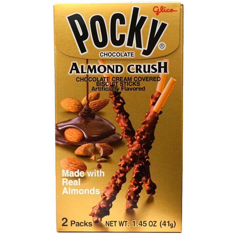 Front view of package. The packaging features vibrant colors that highlight the delightful treats inside. It showcases a tempting array of Pocky sticks adorned with chocolate and almond toppings, promising a delectable snack experience. The design is sleek and modern, making it perfect for gifting or enjoying on-the-go.