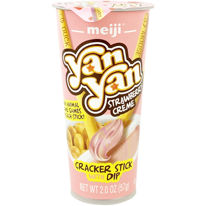 Front view of product. The packaging features a vibrant pink design with playful illustrations of animals on the sticks. The image showcases the cracker sticks and a swirl of the rich strawberry crème, inviting you to dip and enjoy. The cup's convenient shape makes it easy to carry and enjoy on the go.