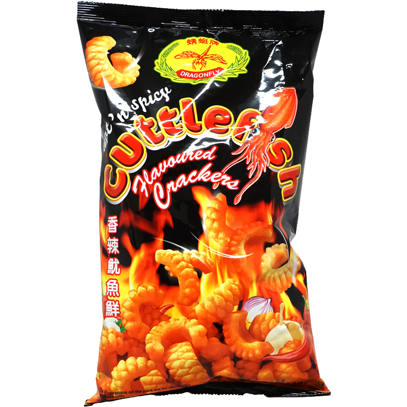 Front view of package. The packaging features a bold, fiery design that highlights the intense flavor within. The crackers are depicted in vibrant orange, surrounded by flames to emphasize their spiciness. A vivid image of cuttlefish adds a visual cue to the flavor profile, while a sleek black background makes the bright elements pop, creating an enticing and dynamic presentation.