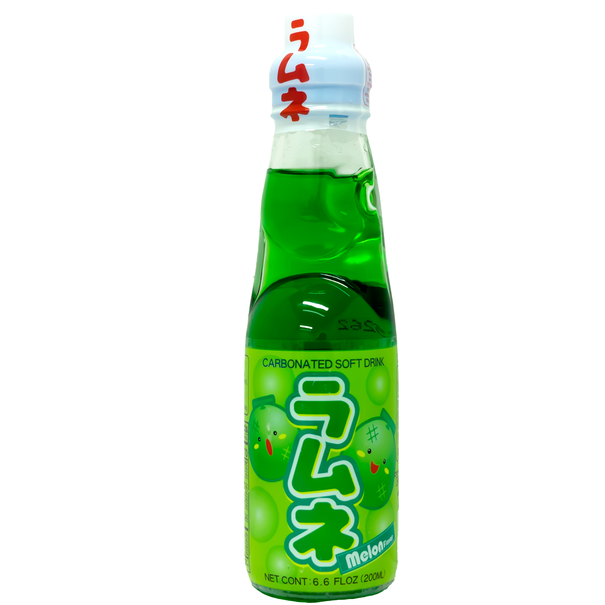 Front of a melon-flavored Ramune soda drink in a clear bottle with Japanese characters.