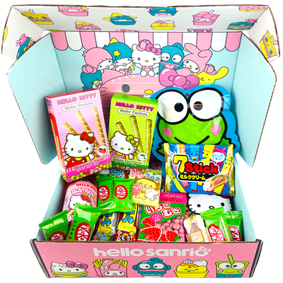 Hello Sanrio crate with the crate open showing all the snacks that comes inside the crate