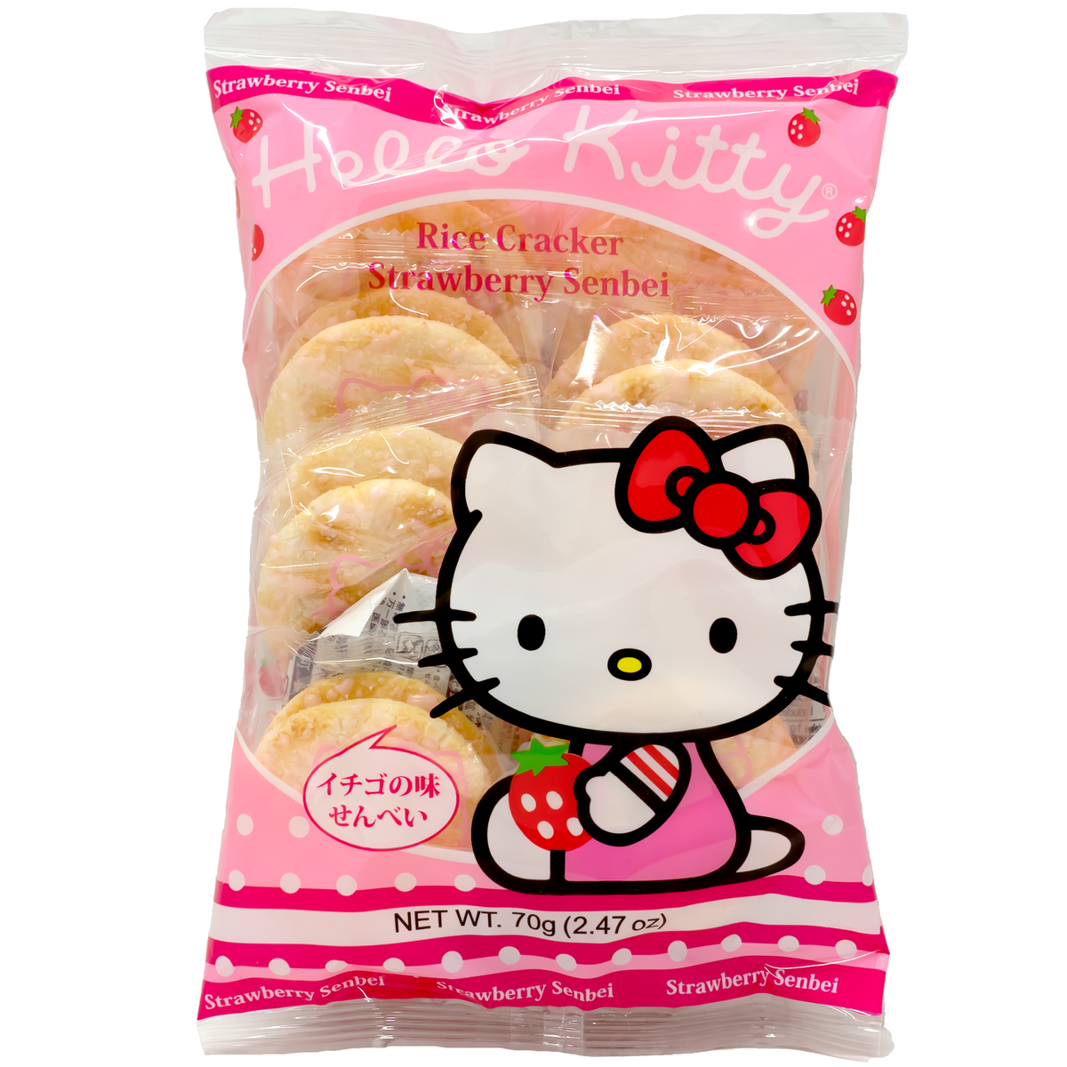 Front of package. The packaging features a charming design with a beloved character, adorned in a cute outfit holding a strawberry. The background is a soft pink with polka dots and scattered strawberries, creating an appealing and playful look that stands out on the shelf.