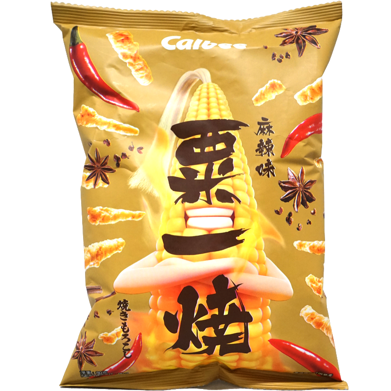 Front of package. The package showcases a vibrant, golden design, featuring a prominent ear of corn surrounded by fiery red chilies and aromatic star anise. The visual hints at the spicy, savory flavor inside, appealing to spice lovers and snack enthusiasts alike.