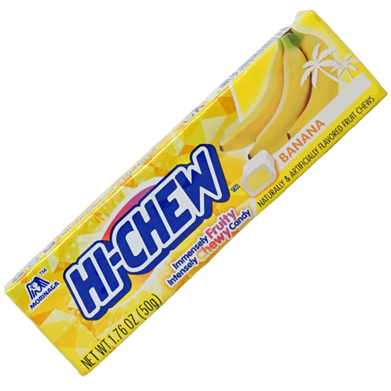 Front of package. The package features vibrant yellow hues with images of fresh bananas and a playful geometric pattern, making it as appealing to the eyes as it is to the taste buds. Perfect for on-the-go snacking or sharing with friends, this candy is a must-have for banana lovers.