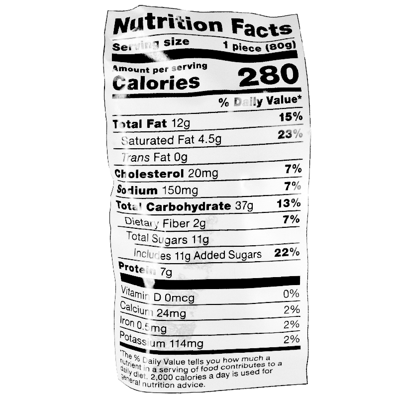 Nutrition label of the food product, listing detailed nutritional information per serving size of 1 piece. It includes 280 calories, 12g total fat, 4.5g saturated fat, 0g trans fat, 20mg cholesterol, 150 mg sodium, 37g total carbohydrate, 2g dietary fiber, 11g total sugars includes 11g added sugars, 7g protein