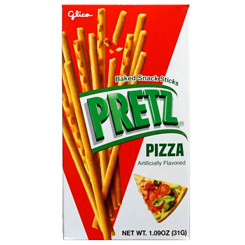 Front of product. Indulge in the delicious taste of these baked snack sticks with a savory pizza flavor. Each crunchy bite offers a delightful blend of tomato, cheese, and herbs, making it a perfect snack for any time of the day. Enjoy the authentic pizza taste without the mess, all packed in a convenient, on-the-go box.