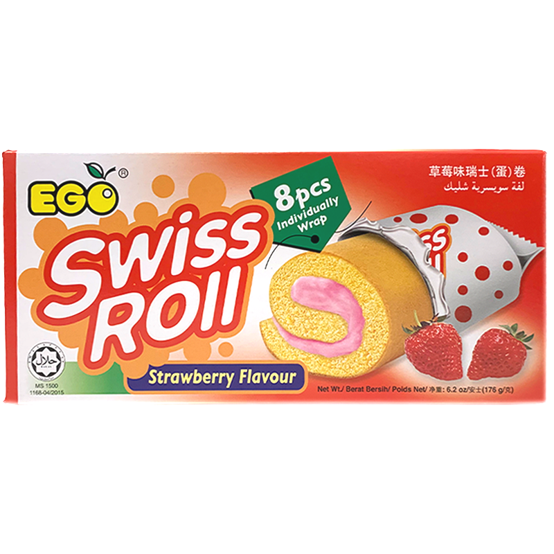 Front view of package. The packaging features a vibrant orange background with playful polka dots and images of fresh strawberries, highlighting the fruity flavor inside. The front displays an appetizing image of a sliced Swiss Roll revealing its creamy strawberry center, inviting you to savor this delectable snack.