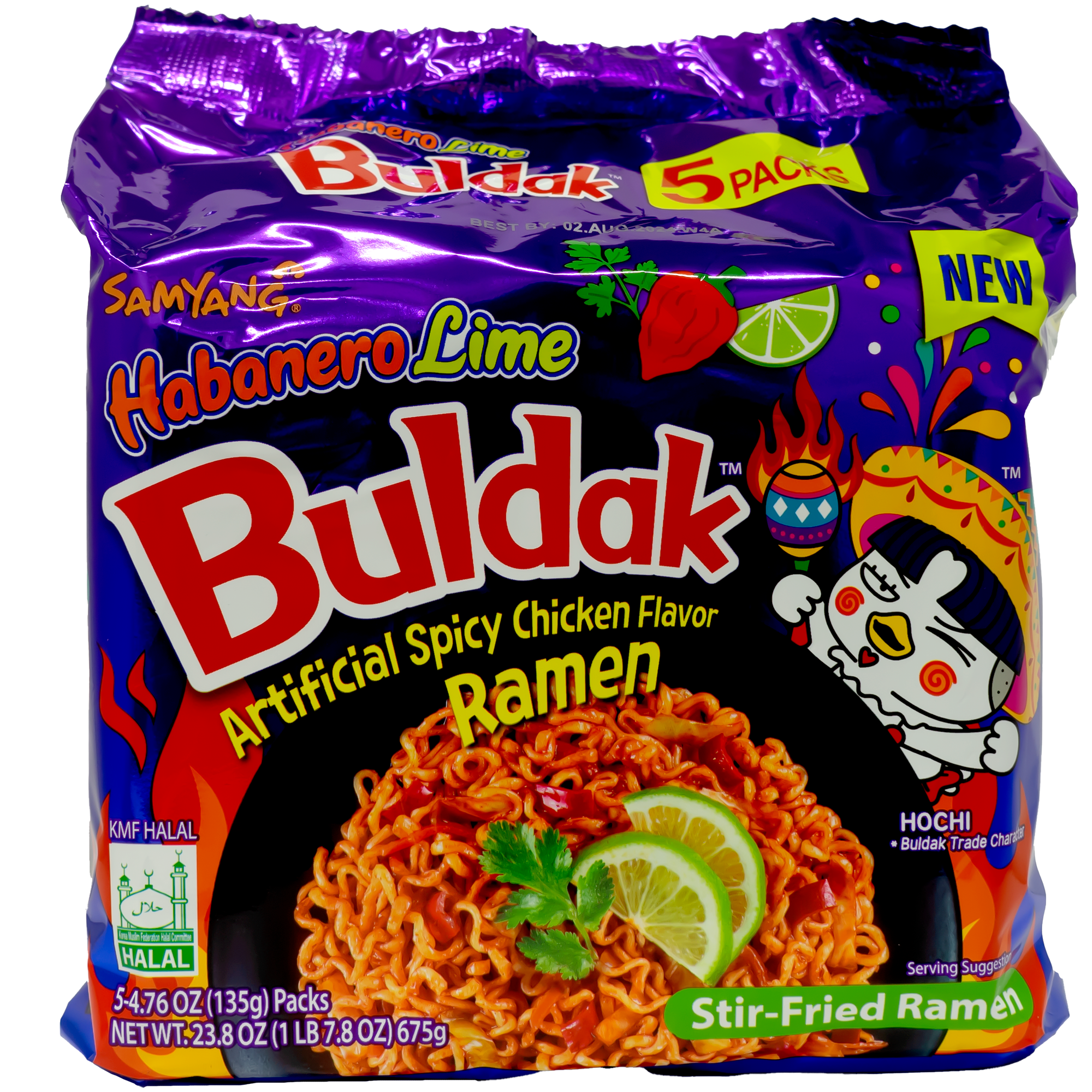 Front of Pack of Samyang Buldak Habanero Lime Artificial Spicy Chicken Flavor Ramen.