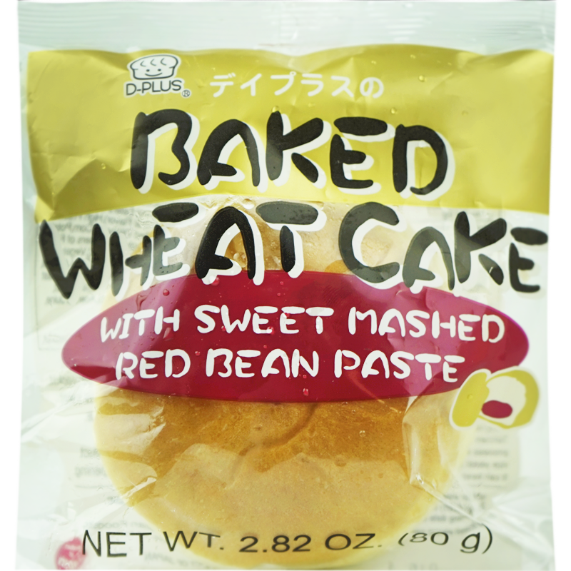 The package features a clear view of the baked wheat cake, emphasizing its fluffy texture and rich filling. The design highlights the red bean paste with a vibrant red splash, making it instantly appealing. Simple and clean, the packaging promises a delicious and satisfying snack inside.