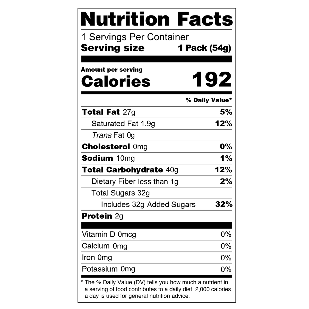 This product has 192 calories per serving (54g). Each serving contains 27g of total fat, including 1.9g of saturated fat and 0g of trans fat. There is no cholesterol, 10mg of sodium, and 40g of total carbohydrates, which includes less than 1g of dietary fiber and 32g of total sugars. The total sugars include 32g of added sugars. The product also provides 2g of protein. It contains 0mcg of Vitamin D, 0mg of calcium, 0mg of iron, and 0mg of potassium.