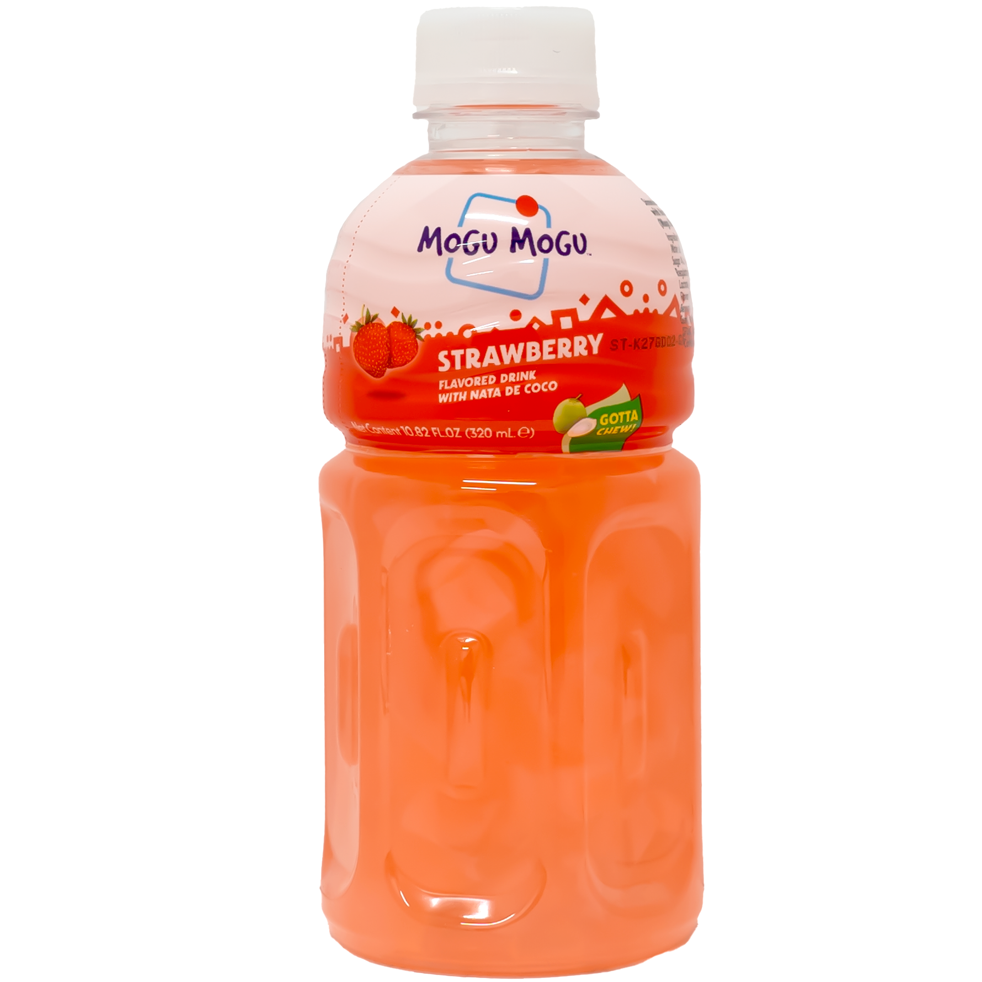 Front view of bottle. The bottle features a vibrant, inviting design with a rich red color that represents the strawberry flavor. The label showcases appetizing images of fresh strawberries and chunks of coconut jelly, complemented by playful graphics and a clear section to highlight the drink's appealing color.