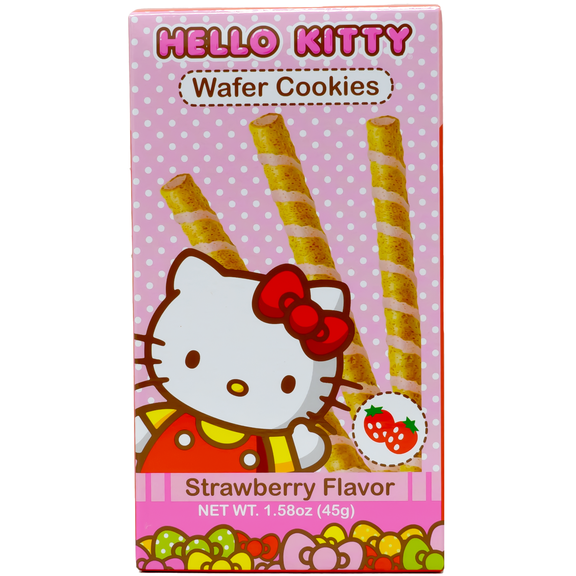 Front package of view. The package features a soft pink background adorned with playful polka dots and showcases the beloved character with a red bow and a cheerful expression. The front displays images of the strawberry-flavored wafer cookies, giving a tempting preview of the delicious treat inside. This charming and colorful design adds a touch of fun and whimsy to your snack time.