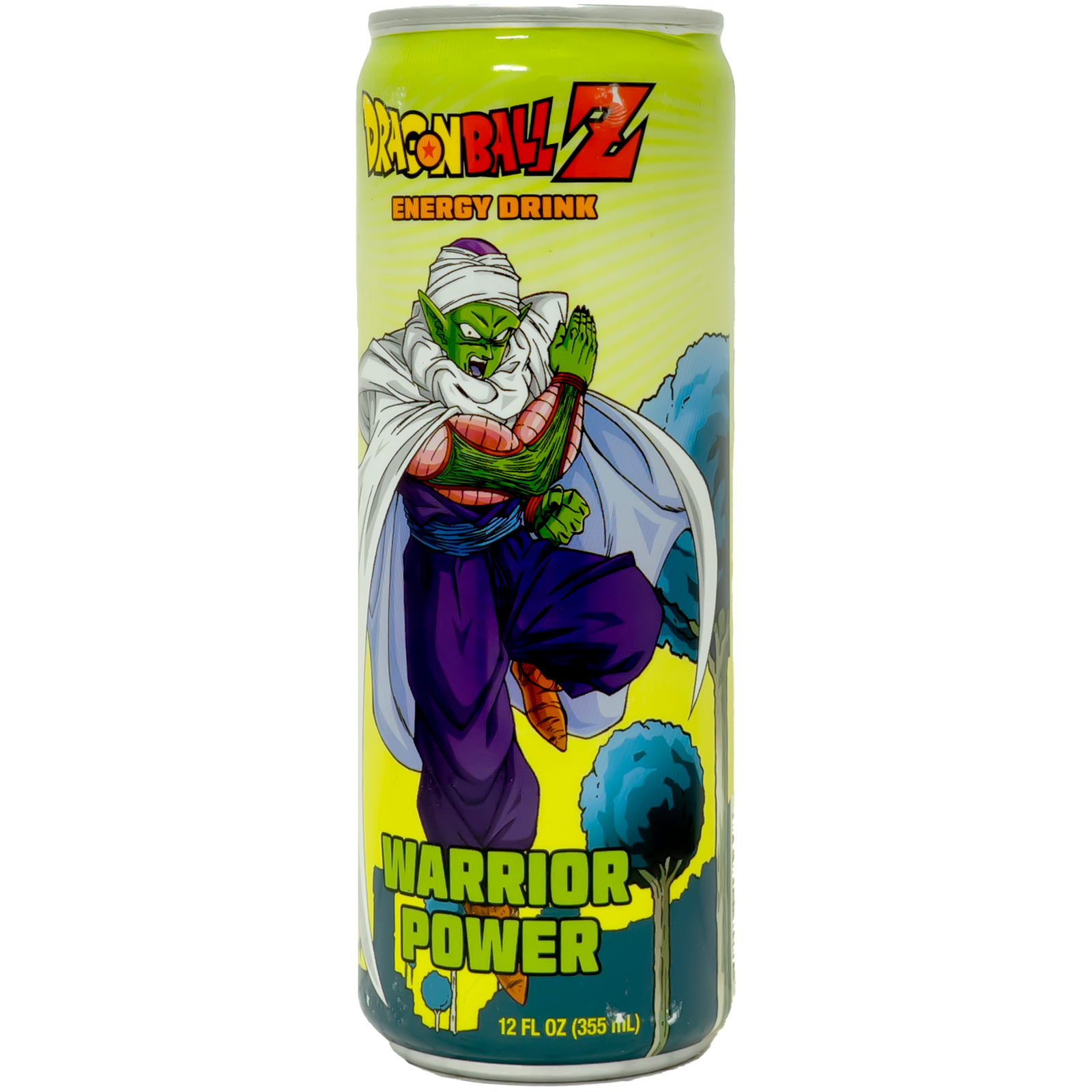 Front view of can. The can features a vibrant image of a powerful warrior, ready for action, set against a dynamic background of lush greenery and clear skies. The bold colors and dynamic design capture the essence of strength and vitality, making this energy drink a standout choice.