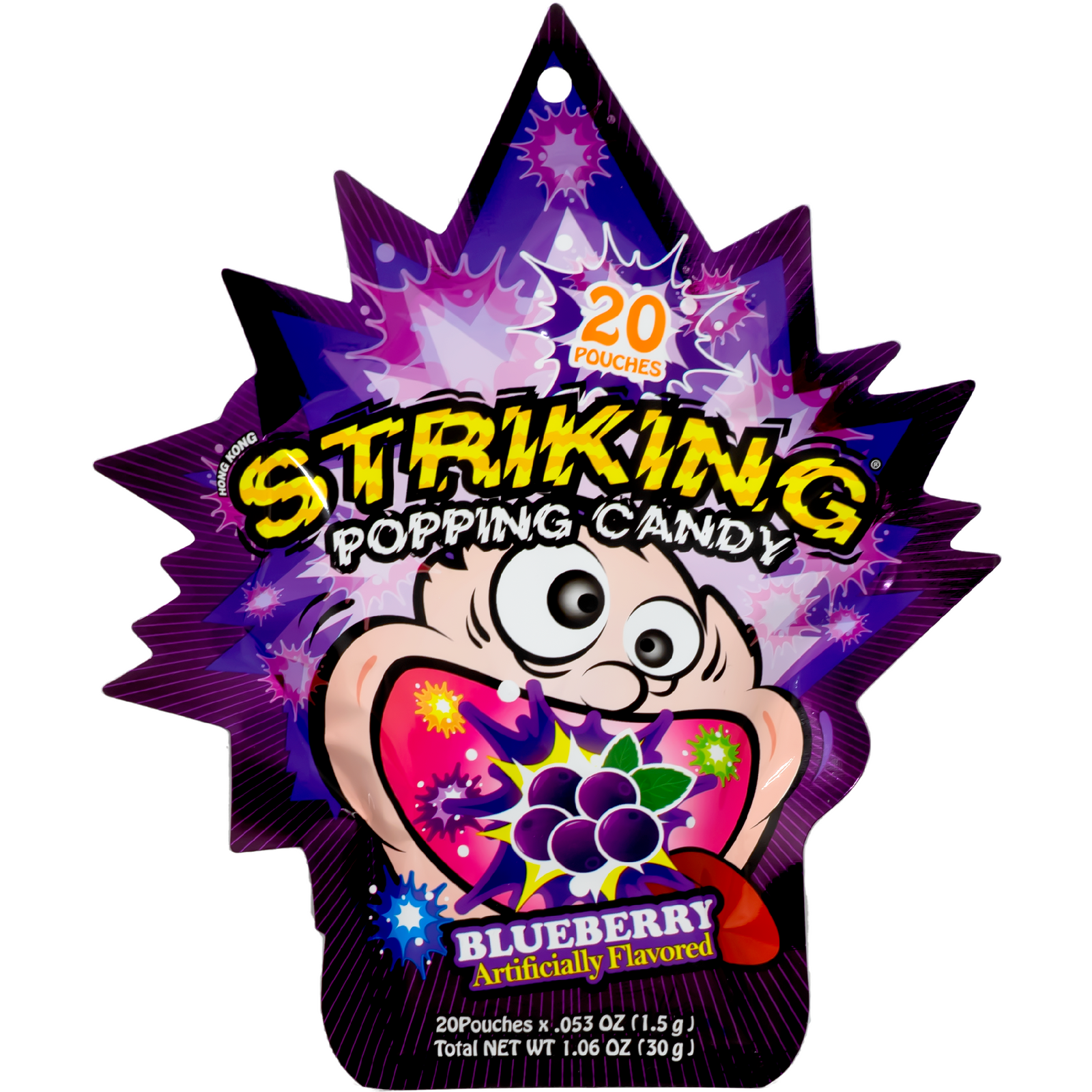 Front view of package. The packaging features a wide-eyed cartoon character with their mouth open, catching colorful, vibrant candy pieces bursting with energy. The bold, electrifying background in purple and pink hues enhances the dynamic and playful feel, making it irresistibly eye-catching.