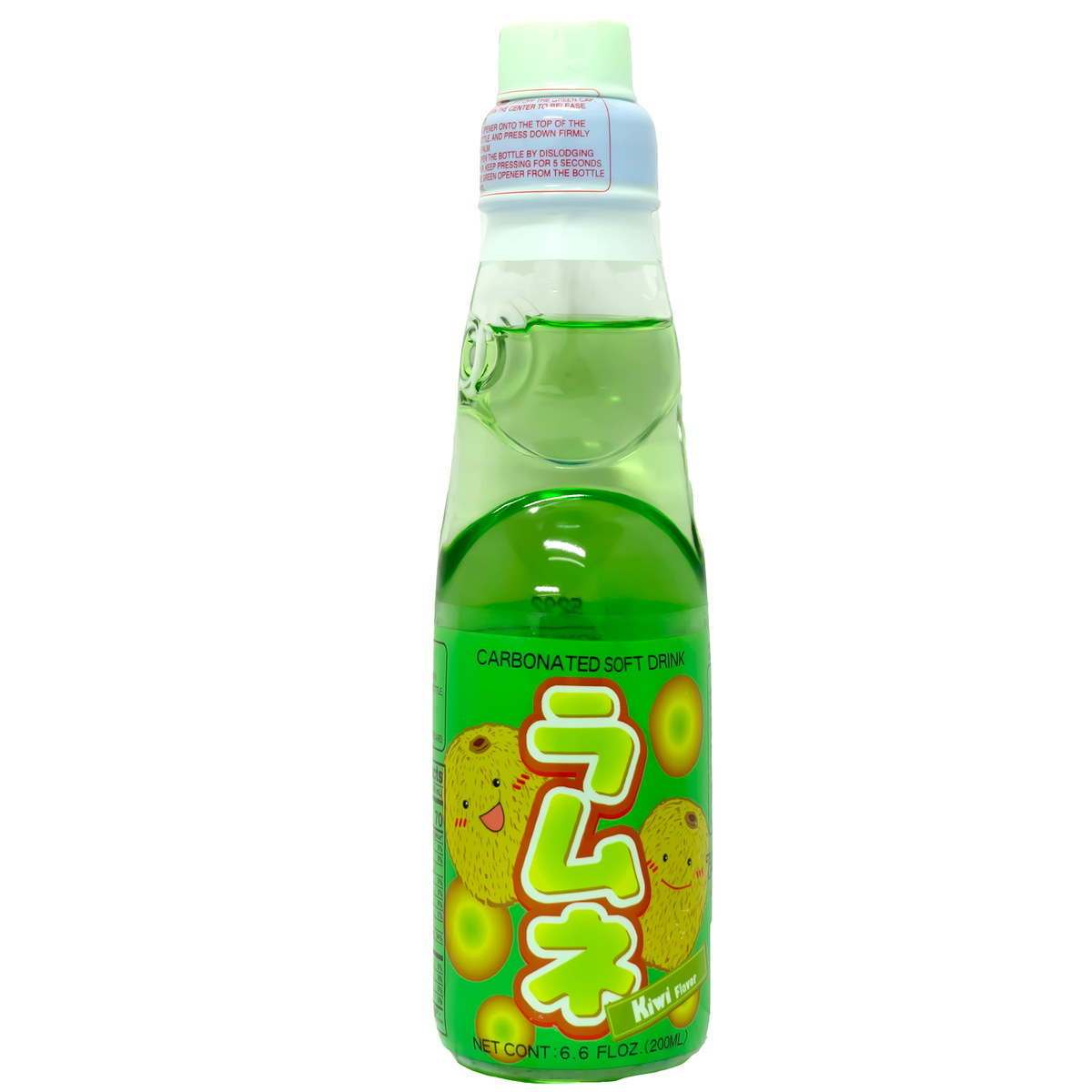 Front view of bottle. The package features a vibrant green bottle with cheerful kiwi graphics, giving it an appealing and playful look. The design includes a marble stopper, which is a traditional feature of Ramune bottles, making it not just a drink but also an entertaining experience.