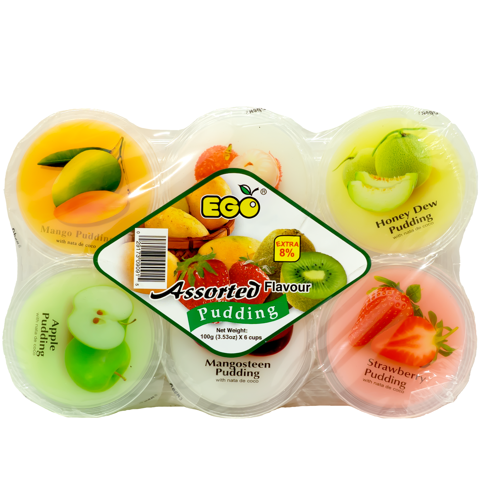 Front view of package. The packaging features a vibrant and appealing design with images of the fresh fruits corresponding to each pudding flavor. Each cup is individually labeled with the flavor and a mouthwatering image of the fruit, all arranged in a transparent plastic tray that showcases the colorful variety inside. The central label prominently displays the assortment of fruits, highlighting the extra 8% content for added value.