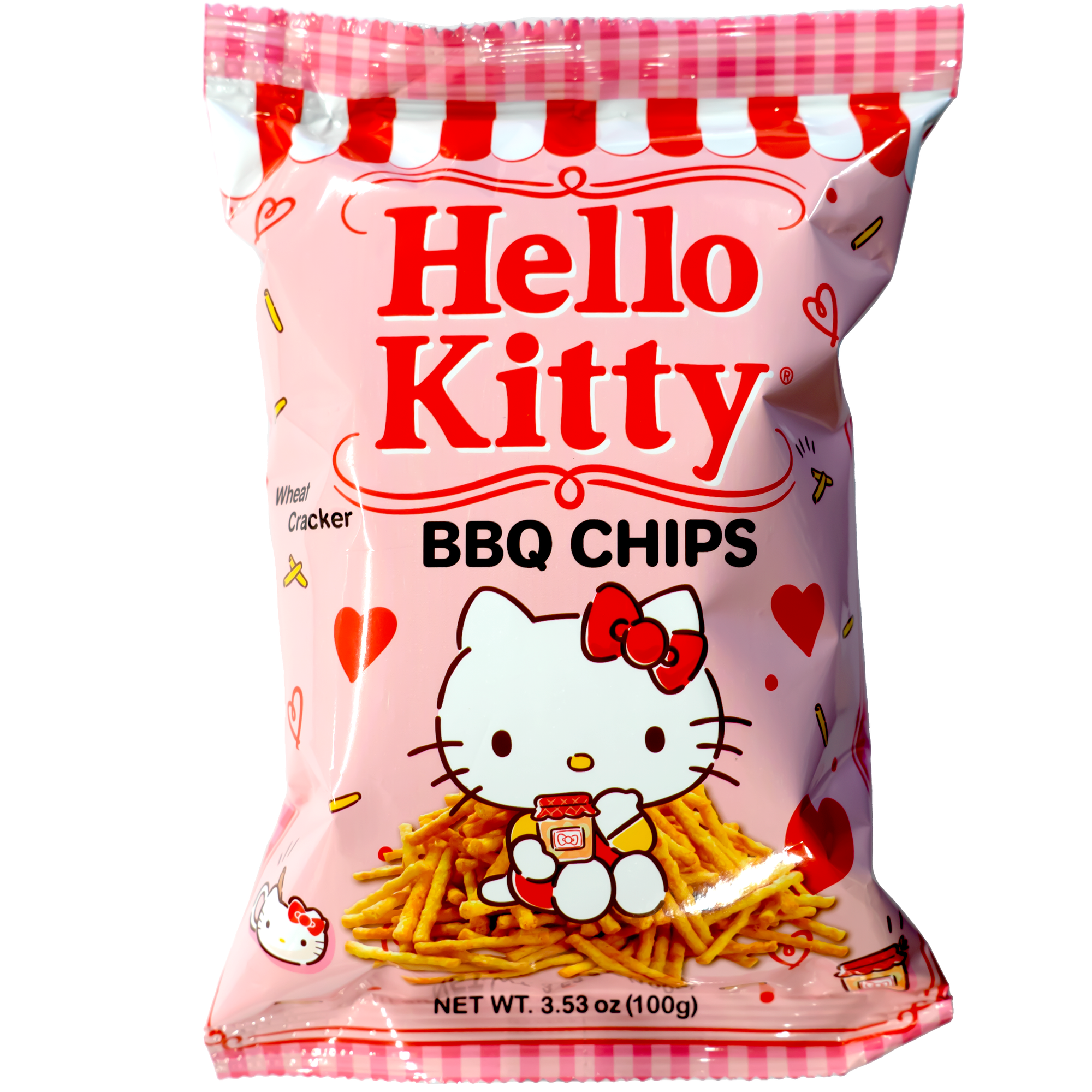 Front view of package. The packaging features an adorable Hello Kitty design, with a cheerful pink background adorned with playful hearts and charming illustrations. The image of Hello Kitty holding a jar of barbecue sauce adds a whimsical touch, making the package as delightful as the snack inside.