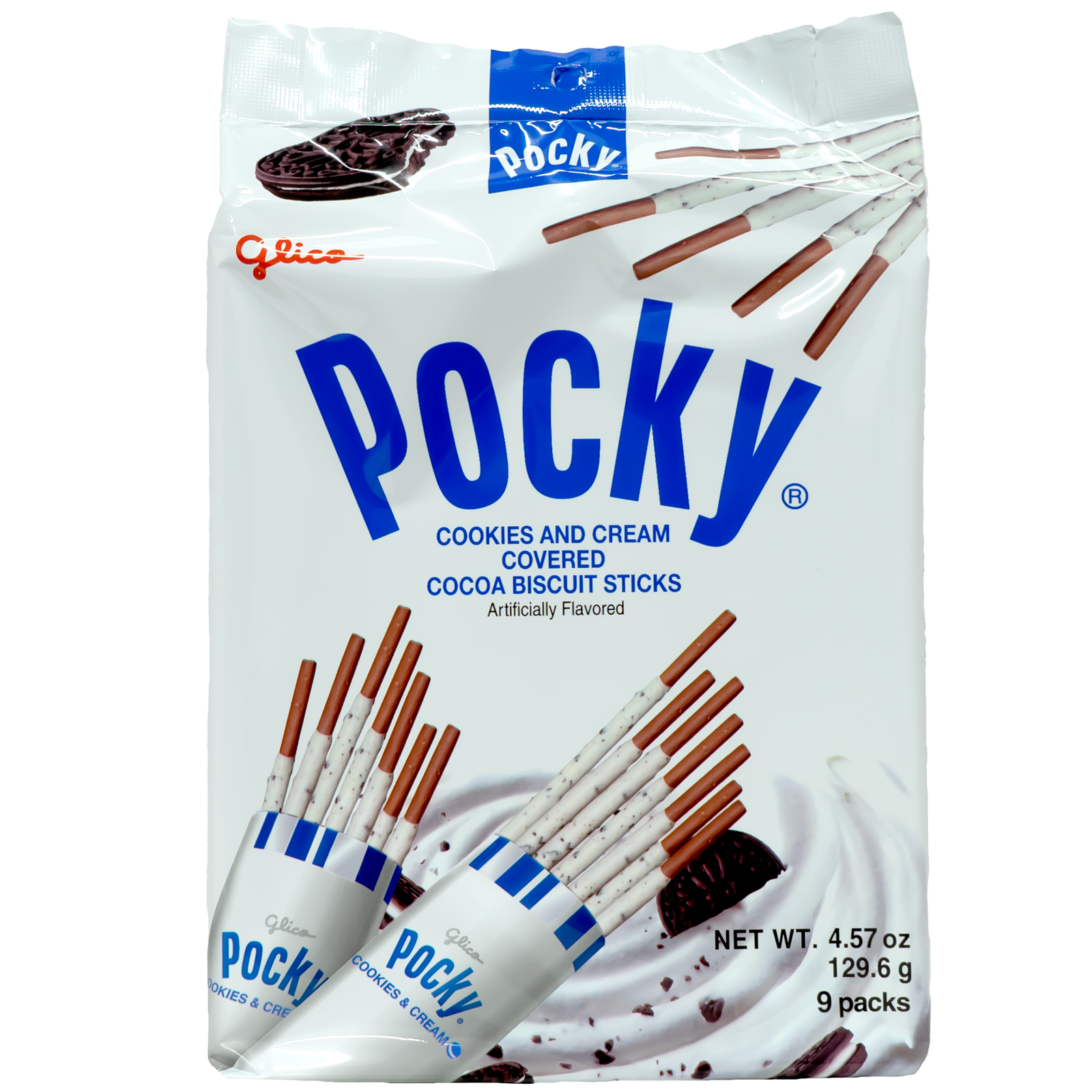 Front view of package. The packaging features a family-sized display of the cookies cream-covered biscuit sticks, highlighting their longer size suitable for sharing or enjoying over multiple servings. The design is modern and inviting, with a focus on showcasing the delicious treats inside, making it perfect for family gatherings or satisfying a larger craving.