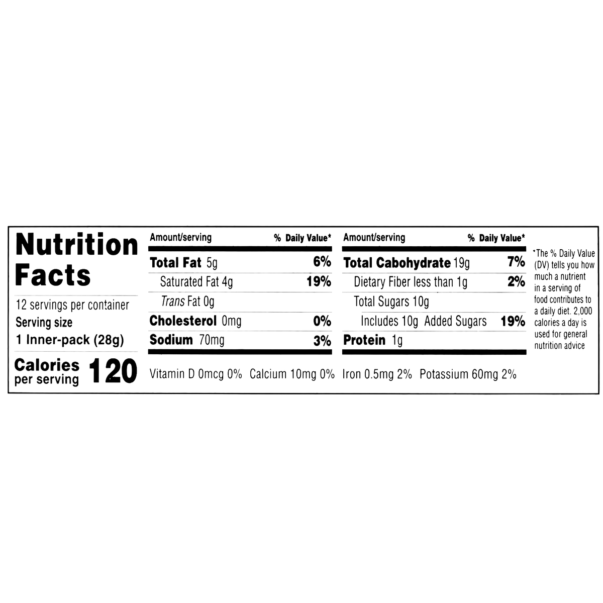 Nutrition label of the food product, listing detailed nutritional information per serving size of 1 inner-pack. It includes 120 calories, 5g total fat, 4g saturated fat, 0g trans fat, 0mg cholesterol, 70mg sodium, 19g total carbohydrate, less than 1g dietary fiber, 10g total sugars includes 10g added sugars, 1g protein