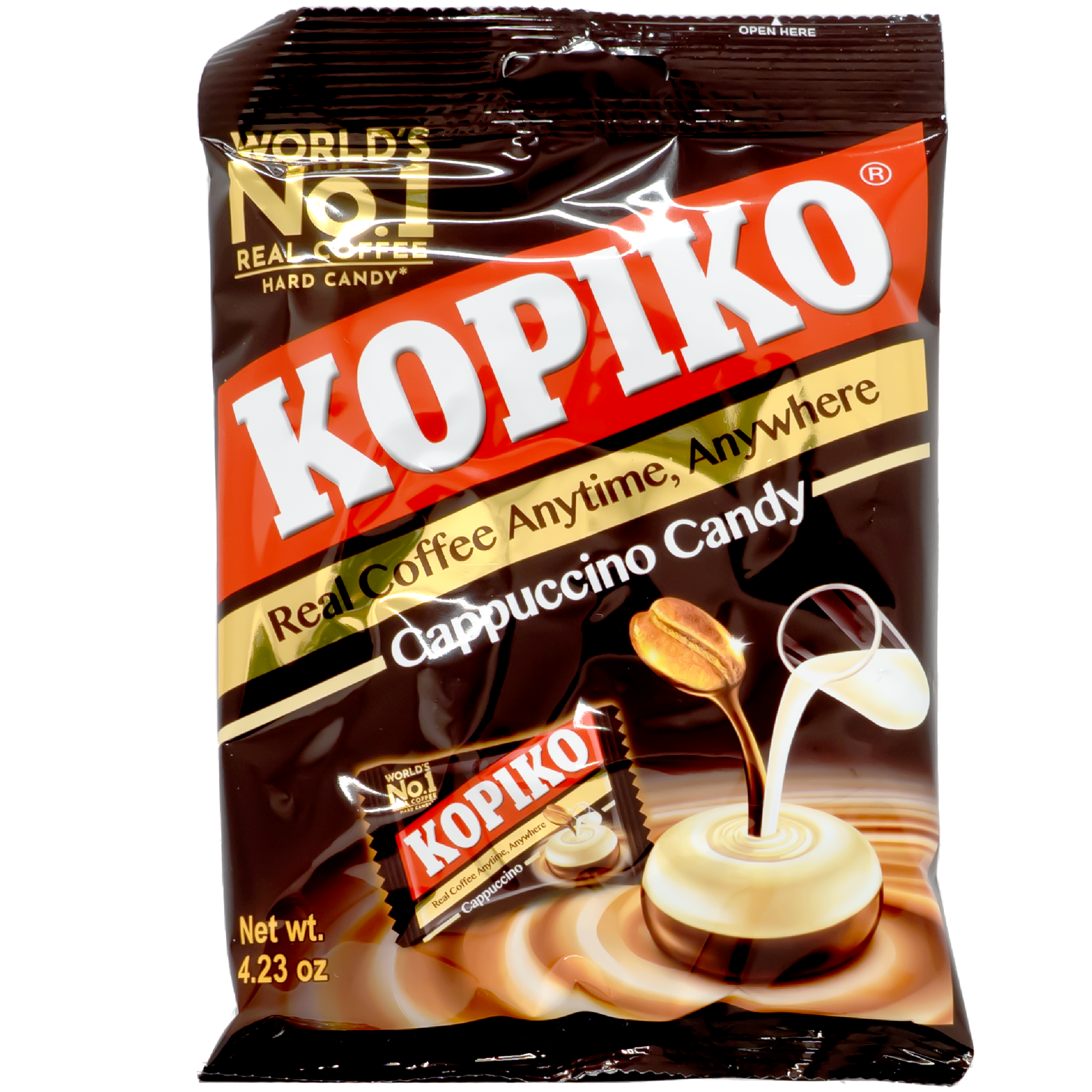 Front view of package. The packaging features a dark brown background, evoking the rich color of coffee. A golden coffee bean is depicted pouring creamy milk into a swirling cappuccino cup, emphasizing the blend of coffee and milk flavors. Below the coffee bean and milk image, there is a close-up of a wrapped candy piece, showcasing the product inside. The overall design is sleek and inviting, highlighting the luxurious coffee experience encapsulated in each candy.