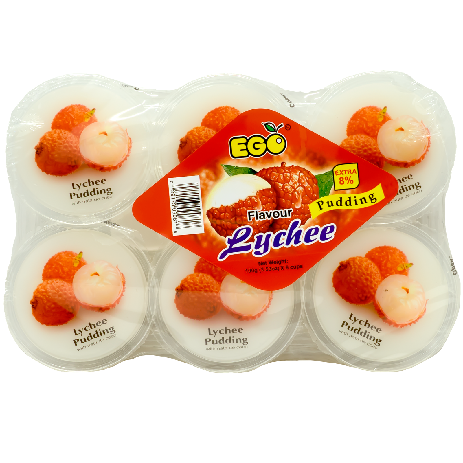 Front view of package. The packaging features six individual cups of lychee pudding, each topped with an enticing image of ripe lychee fruits. The bright and inviting design highlights the freshness and fruity essence of the product, making it a visually appealing choice for consumers.