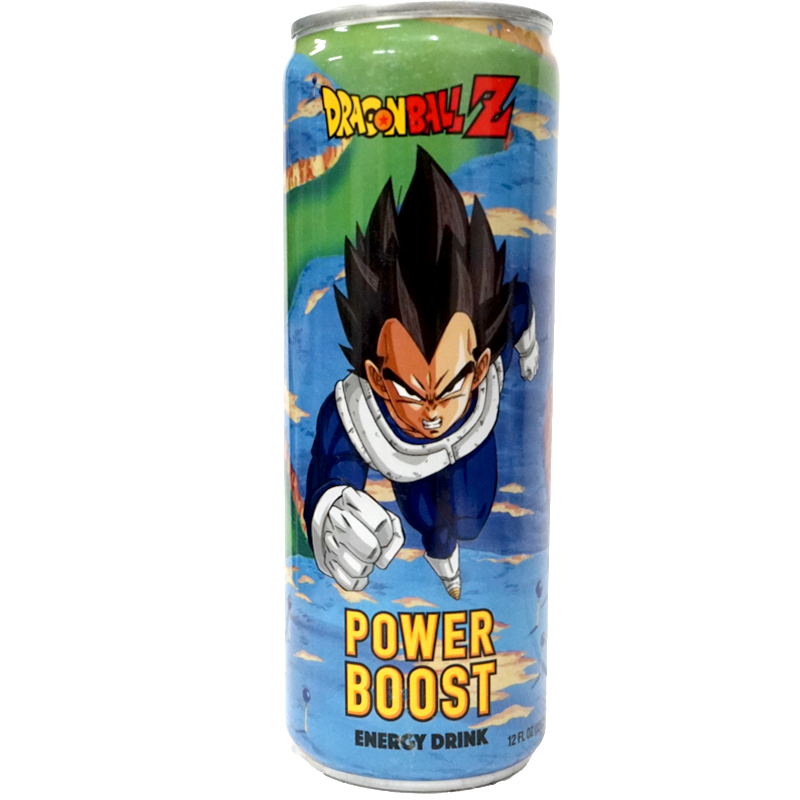 Front view of can. The can features a dynamic image of Vegeta, the fierce warrior from Dragon Ball Z, poised in mid-air with a determined expression. The vibrant background showcases a blend of blue skies and clouds, capturing the essence of his powerful energy and unwavering spirit.