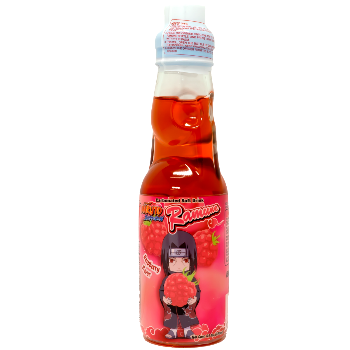 Bottle of strawberry-flavored Ramune with anime character design.