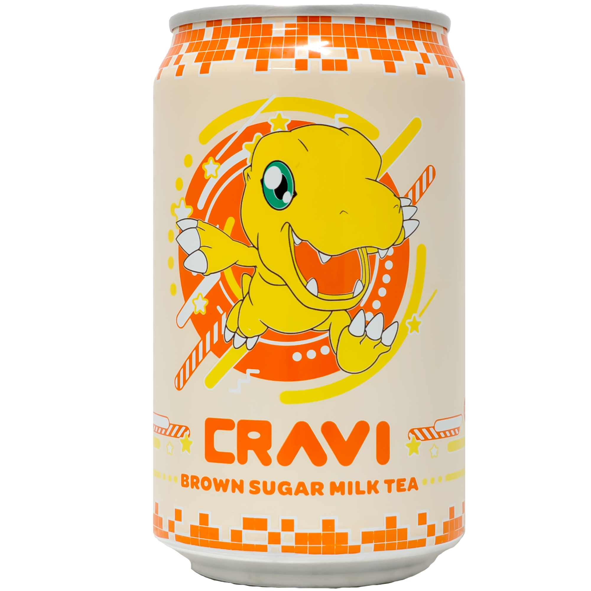 Front view of can. The package features a vibrant and playful design, showcasing an adorable Digimon character in bright, cheerful colors. The character is surrounded by dynamic, energetic patterns, enhancing the overall appeal and making it a fun choice for fans and collectors alike.