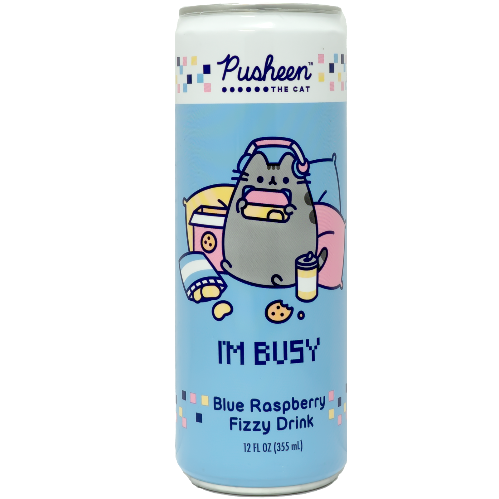 The can features a charming image of Pusheen the Cat, adorably depicted as busy with her favorite snacks and gadgets, set against a soft blue background. The playful design is complemented by colorful pixel art, creating a cute and inviting look that will appeal to fans of all ages.