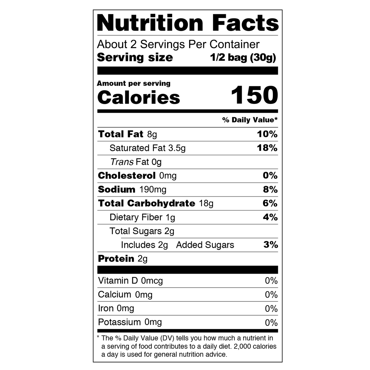 Detailed nutritional information: 150 calories, 8g total fat, 3.5g saturated fat, 0g trans fat, 0mg cholesterol, 190mg sodium, 18g total carbohydrates, 1g dietary fiber, 2g total sugars including 2g added sugars, and 2g protein per serving (1/2 bag, 30g).