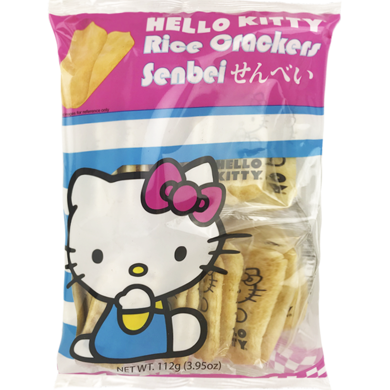 Front view of package. The packaging features a charming and colorful design, showcasing the array of rice crackers inside. The background enhances the product&#39;s appeal with a lively and festive aesthetic, featuring playful Hello Kitty motifs that add a touch of whimsy to the overall presentation.