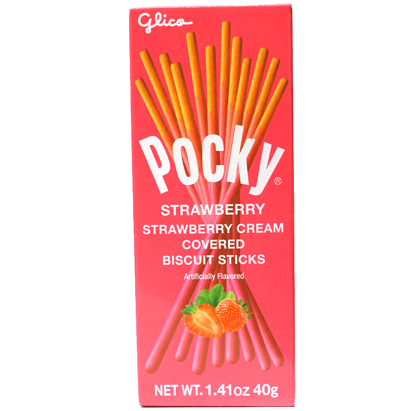 Front view of package. The packaging features a vibrant display of the strawberry-coated biscuit sticks, emphasizing their slender and elegant design. The background enhances the product's appeal with a fresh and inviting aesthetic, making it ideal for enjoying as a snack or sharing with friends.