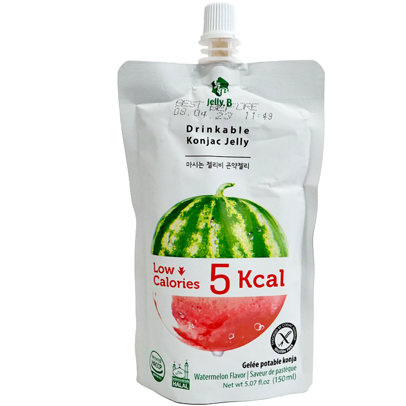 Front view of product. The packaging features a vibrant image of a juicy watermelon slice, evoking a sense of freshness and natural sweetness. The sleek, easy-to-use pouch highlights its low-calorie content and the watermelon flavor, making it visually appealing and informative at a glance.