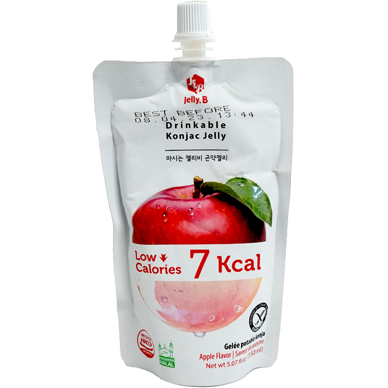 Front view of product. The packaging features a vibrant and juicy apple graphic, complemented by clear, appealing text that highlights the low-calorie content of the product. The design is simple yet striking, with a predominantly white background that makes the apple image pop, enticing consumers to grab and enjoy the refreshing jelly inside.