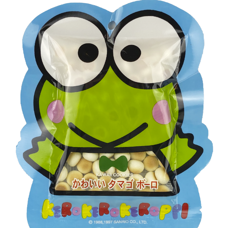 Front view of package. The package features an adorable frog character with a big, cheerful smile and wide eyes. The bright green and blue colors make it eye-catching and fun. A transparent window reveals the tasty cookies inside, adding to the overall charm and appeal of the product.