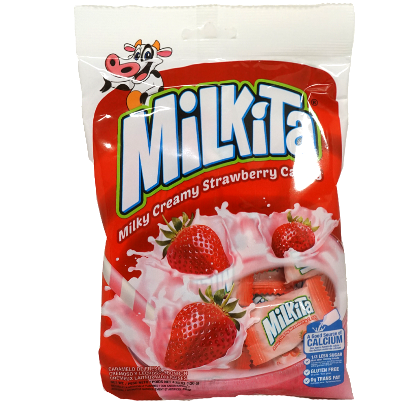 The package features vibrant red imagery with splashes of creamy white milk, enhancing the visual appeal. Juicy, ripe strawberries are depicted being dipped in creamy milk, emphasizing the delicious flavor inside. A playful cartoon cow adds a touch of whimsy, making the packaging both fun and eye-catching. The package also highlights key benefits such as being a good source of calcium, gluten-free, and containing less sugar.