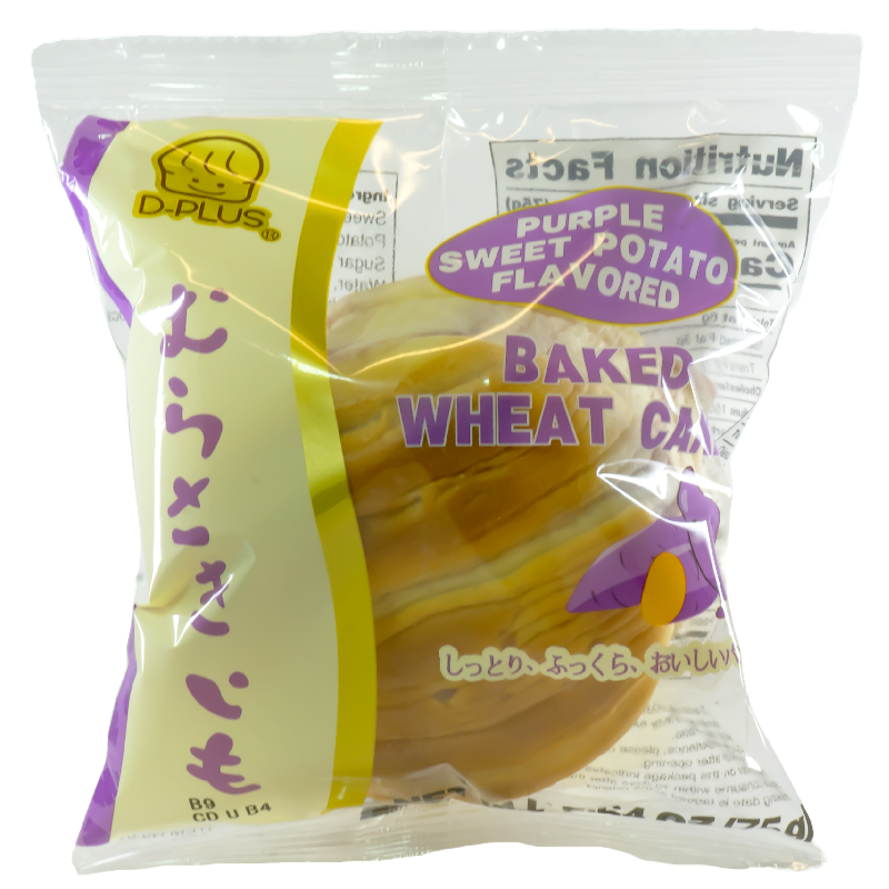 The packaging showcases a clear view of the fluffy wheat cake inside, highlighted by vibrant purple accents. The design features a playful illustration of a sweet potato, emphasizing the unique flavor and enticing the eye with its colorful presentation.