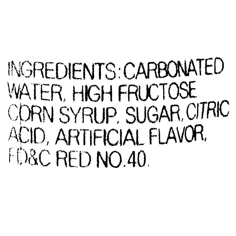 The ingredients include carbonated water, high fructose corn syrup, sugar, citric acid, artificial flavor, and FD&amp;C Red No. 40.