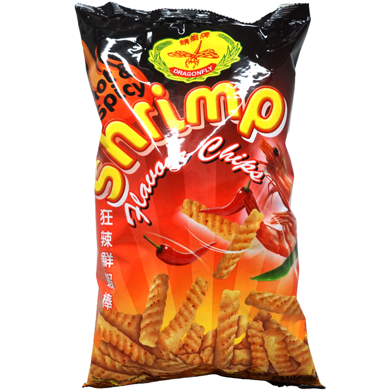 Front of package. The packaging features vibrant red and black colors, with a bold depiction of spicy shrimp chips and chilies. The design showcases the hot and spicy nature of the product, with eye-catching graphics that highlight the intense flavor.