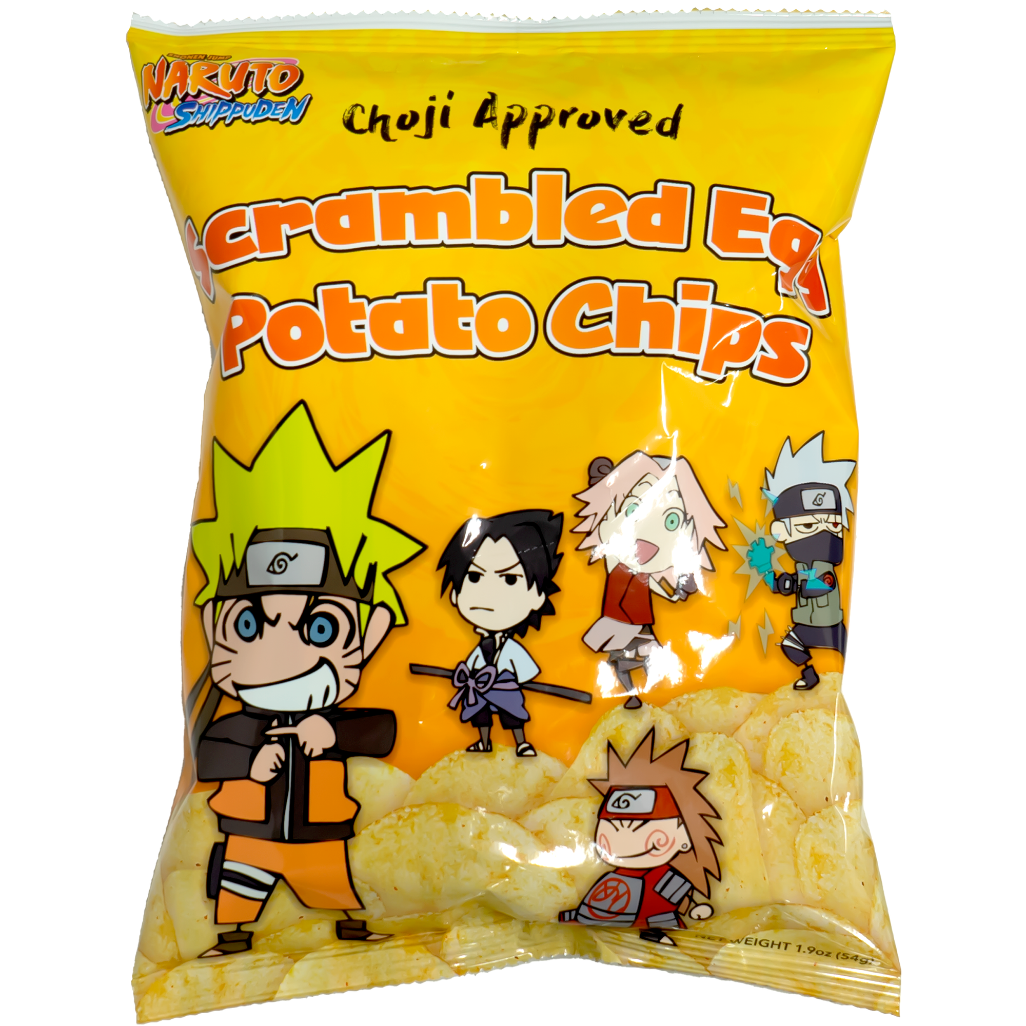 Front view of package. The packaging features bold and dynamic artwork from the NARUTO SHIPPUDEN series, showcasing beloved characters in action. The vibrant design and imagery of scrambled egg chips make it visually appealing and instantly recognizable, promising an exciting snacking experience.