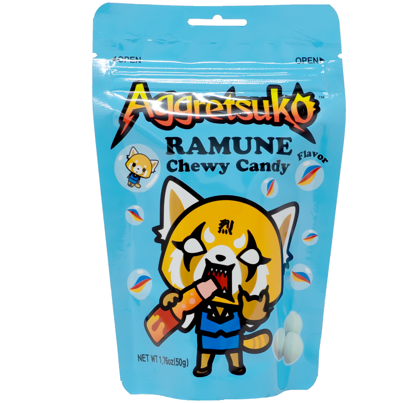 Front of the Ramune chewy candy with the Japanese character Aggretsuko