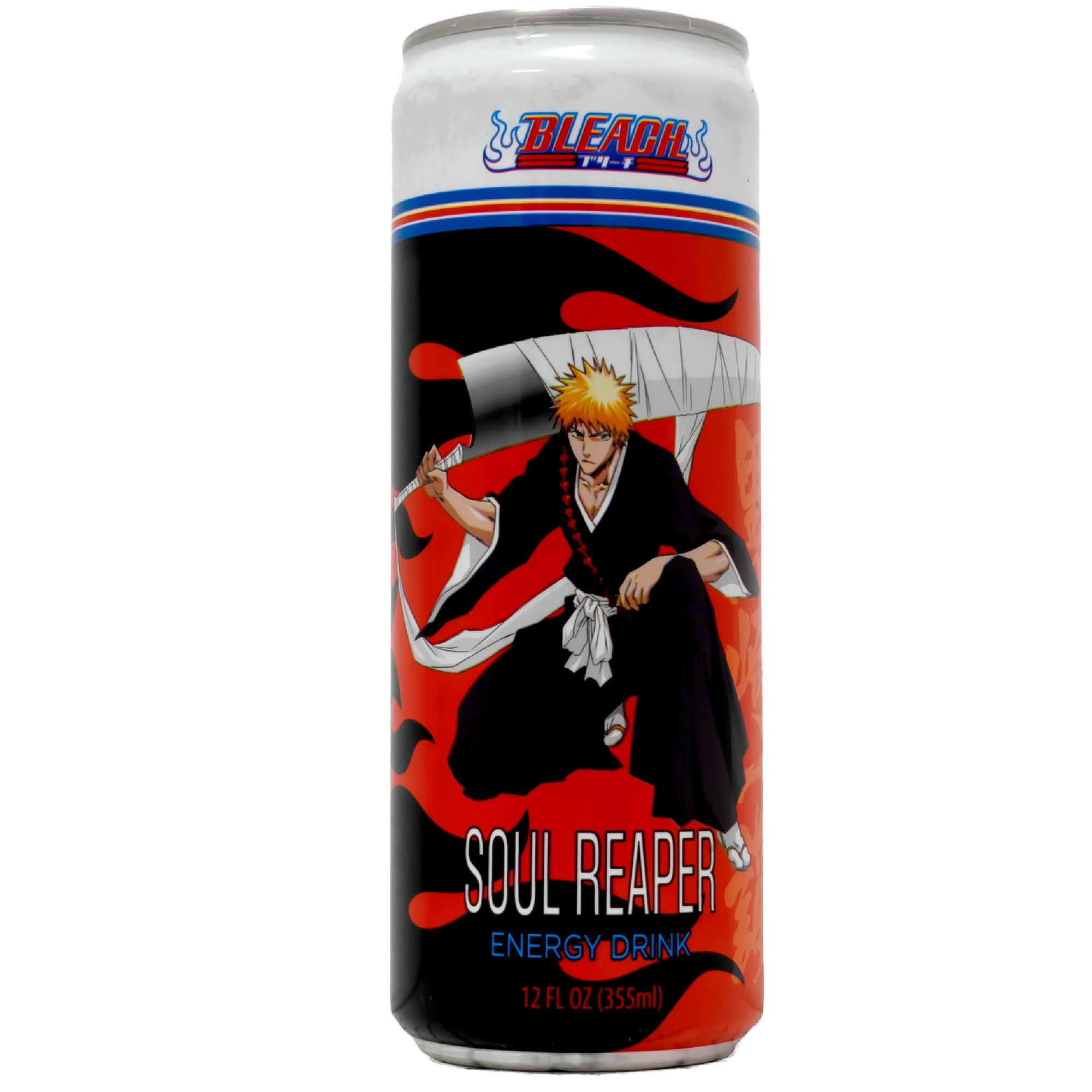 Front view of can with words Bleach Soul Reaper energy drink
