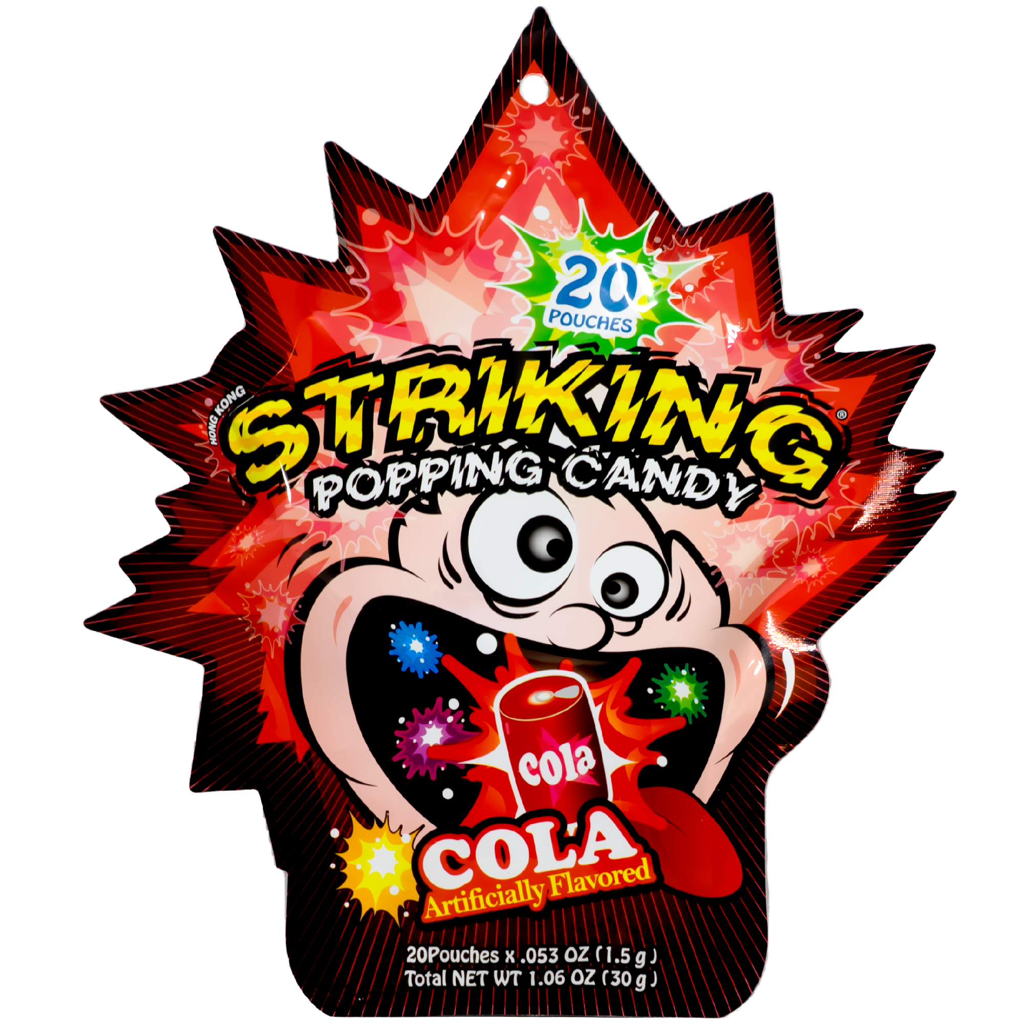 Front view of package. The packaging showcases a wide-eyed cartoon character with an open mouth, catching colorful candy pieces that explode with vibrant energy. The dynamic red and black background, accented with starburst patterns, enhances the lively and exhilarating feel, making it an irresistible treat for all ages.