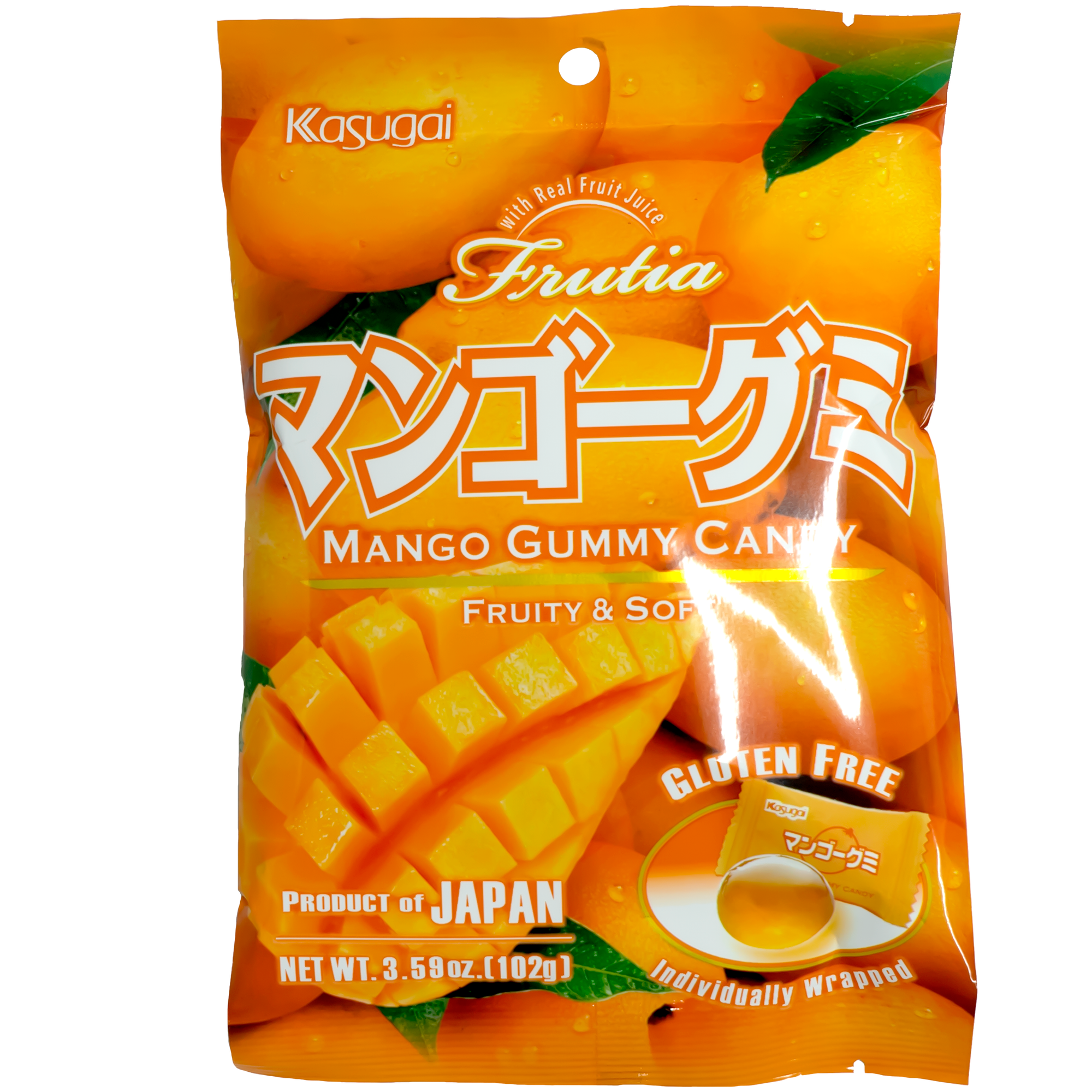 Front of package. The packaging features a vibrant orange design, adorned with images of luscious, ripe mangoes. The bright colors and appealing visuals emphasize the fruity and soft nature of the candies, creating an enticing look that promises a delightful snacking experience.