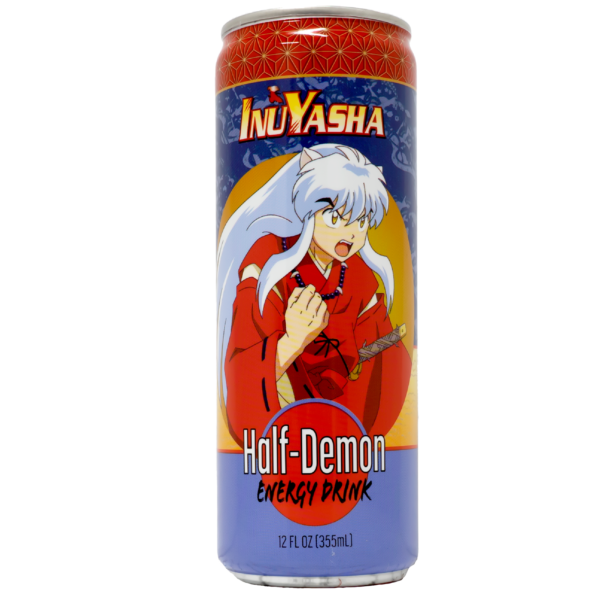 Front view of can. The can features a striking image of a white-haired, half-demon character in a red outfit, poised for action. The vibrant red and blue background, combined with dynamic artwork, creates an eye-catching design that stands out on the shelf. The energetic pose and intense expression of the character convey the power and excitement contained within each can.