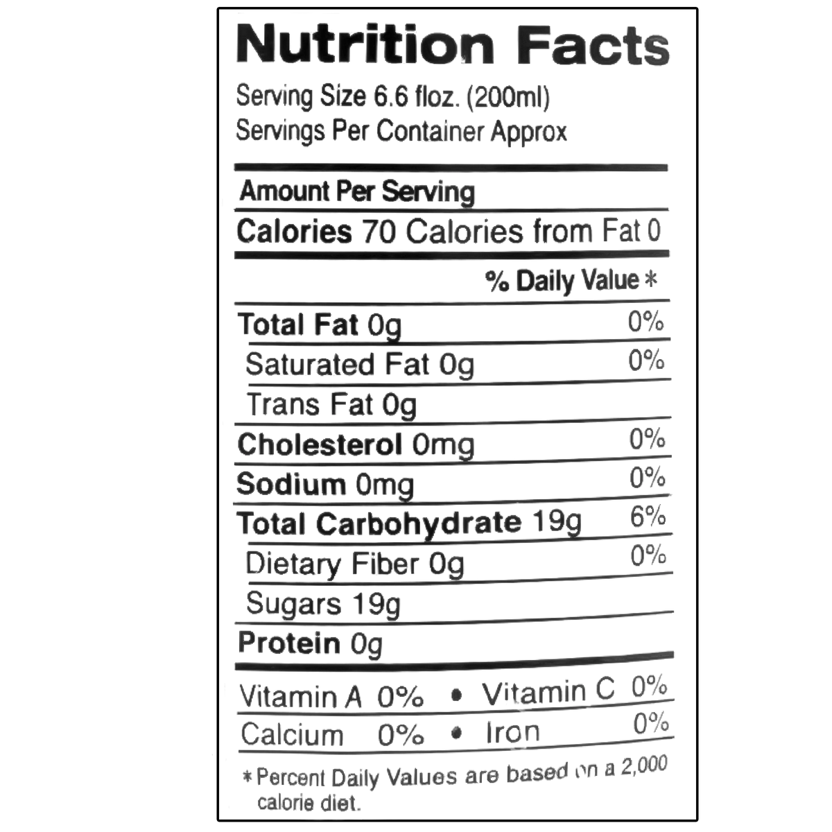 This 200ml serving contains 70 calories, 0g of total fat, 0mg of cholesterol, 0mg of sodium, 19g of total carbohydrates, including 19g of sugars, and 0g of protein.