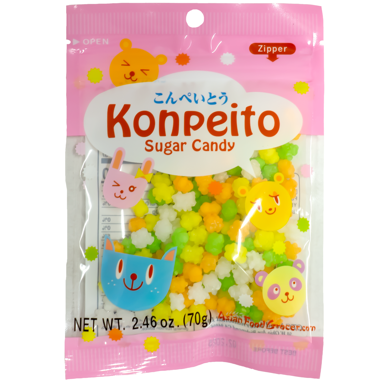 Package of Konpeito sugar candy with colorful cartoon animal designs.